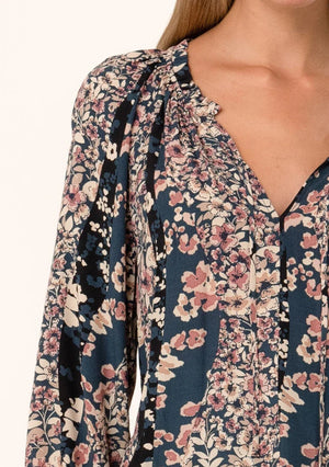 Floral Print Tie Neck Blouse Dusty Rose/Navy