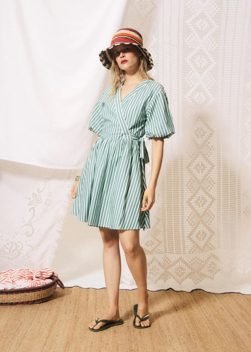 FRNCH Sossio Stripe Puff Sleeve Wrap Dress in Vert Rivage at Nordstrom, Size Large