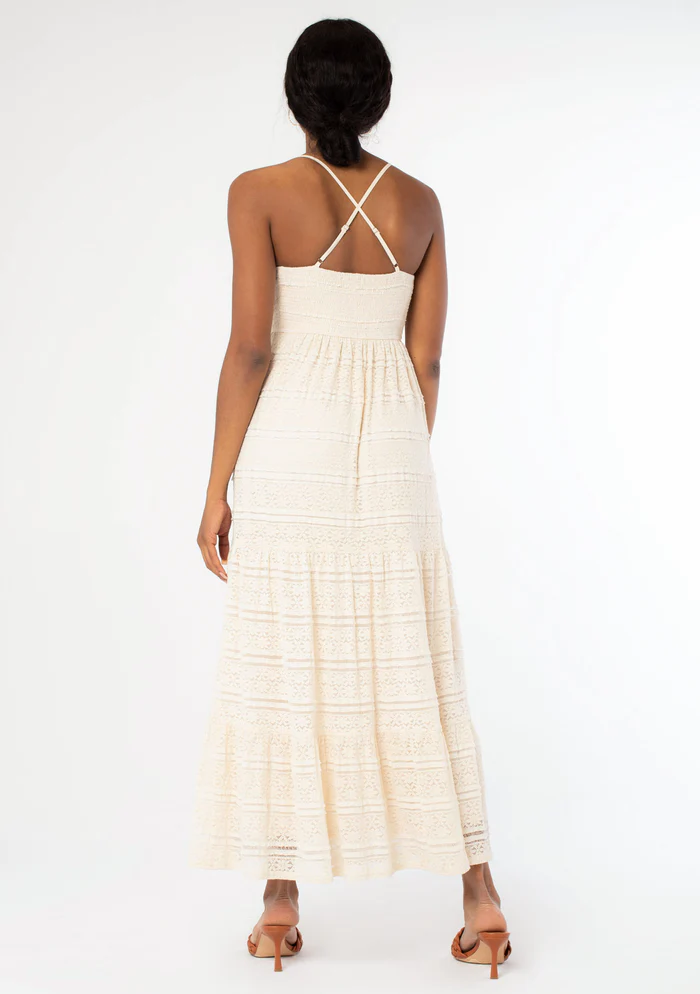 Cross Back Tiered Lace Maxi Dress Natural