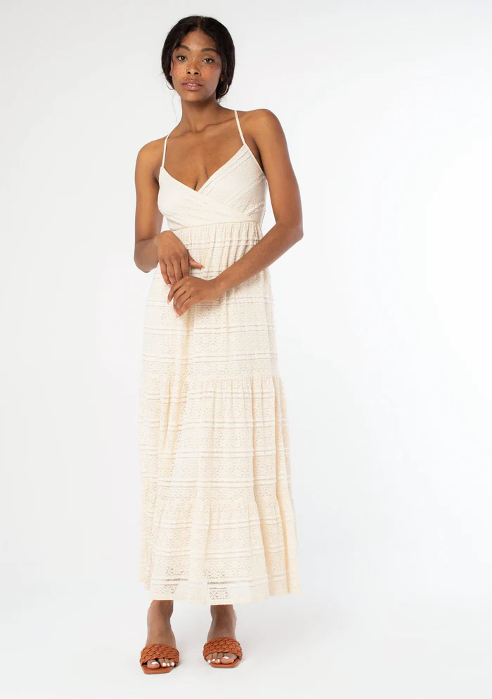 Cross Back Tiered Lace Maxi Dress Natural