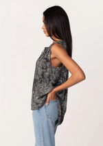 Ruffle Neck Tie Front High Low Tank Black/Natural