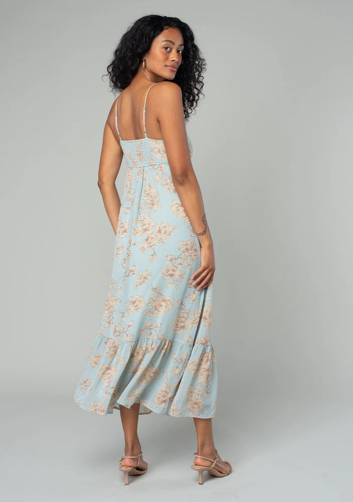 blue spaghetti strap midi dress Floral Ruched Spaghetti Strap Midi Dress Dusty Blue/Natural L