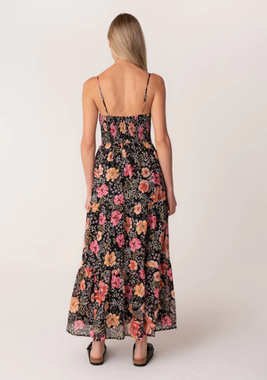 Floral Tiered Maxi Dress w/ Pockets Black/Fuchsia