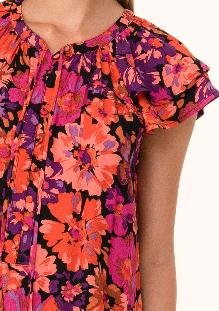 Floral Layered Button Front Top Black/Fuchsia