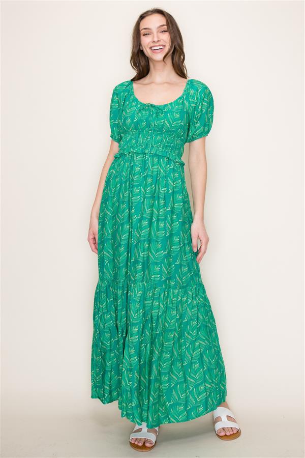 Puff Sleeve Tiered Maxi Dress Green Floral