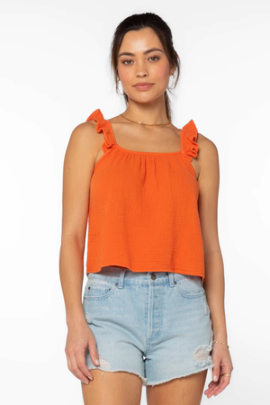 
            
                Load image into Gallery viewer, Rosabella Ruffle Textured Top Hot Orange
            
        