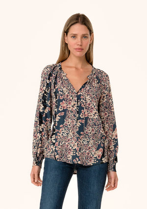 
            
                Load image into Gallery viewer, Floral Print Tie Neck Blouse Dusty Rose/Navy
            
        