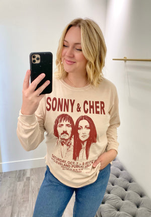
            
                Load image into Gallery viewer, Sonny &amp;amp; Cher Long Sleeve Graphic Tee Tan
            
        