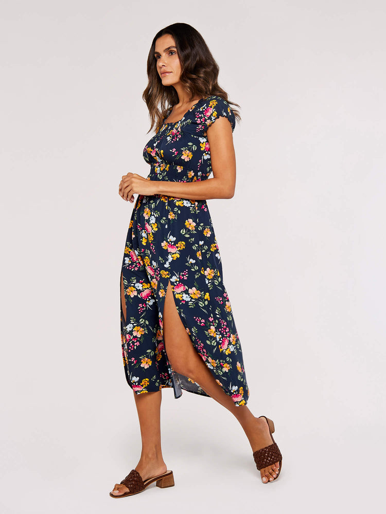
            
                Load image into Gallery viewer, Floral Milkmaid Midi Dress Navy
            
        