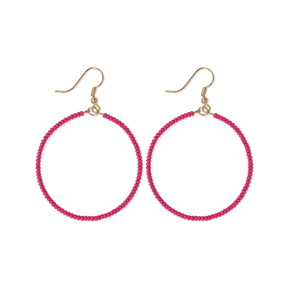 Ruby Solid Beaded Hoop Earrings Hot Pink