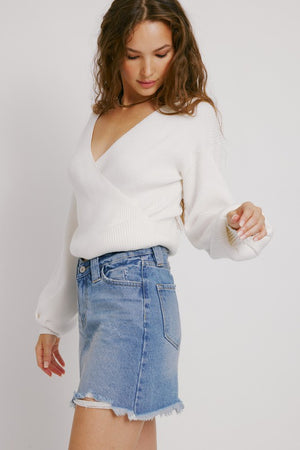 High Rise Frayed Hem Denim Mini Skirt