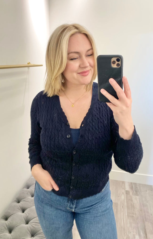 Pointelle Button Down Sweater Cardigan Navy – Mapel Boutique
