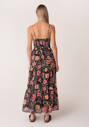 Floral Tiered Maxi Dress with Pockets Black/Fuchsia