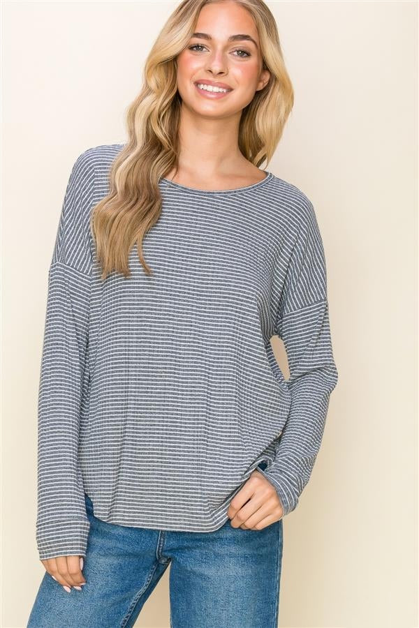 Lily High Low Ribbed Striped Top Navy