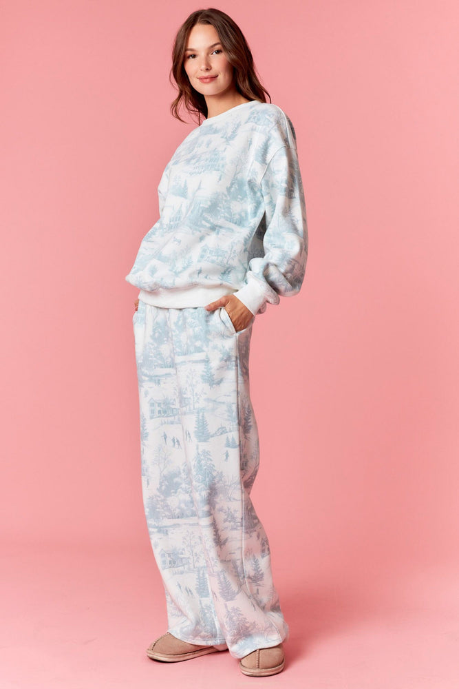 Holiday Toile Fleece Terry Sweatshirt Dusty Blue