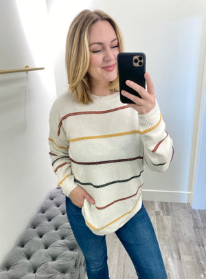 
            
                Load image into Gallery viewer, Striped Crewneck Pullover Camel/Burgandy
            
        