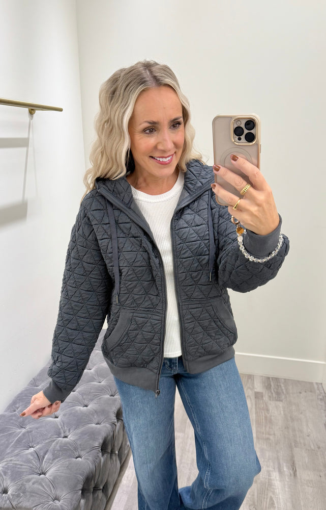 Quilted Knit Zip Hoodie Grey