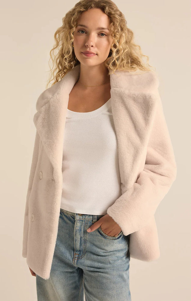 Gem Double Breasted Fur Coat Winter White