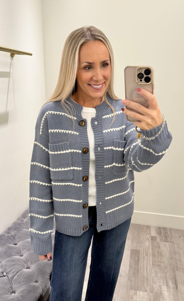 Taylor Strip Cardigan Denim Blue