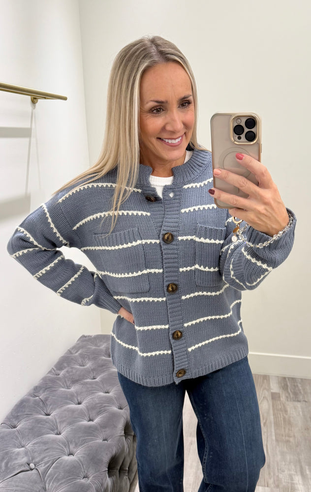 Taylor Strip Cardigan Denim Blue