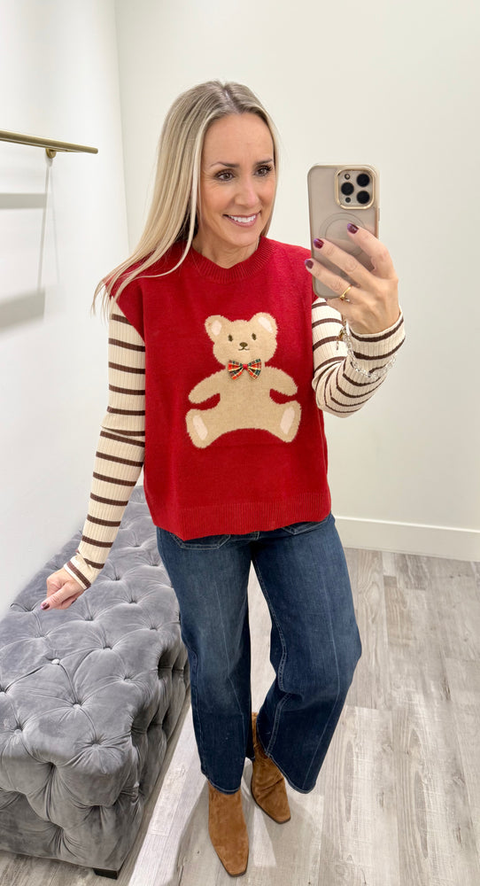 Teddy Bow Tie Sweater Vest Red