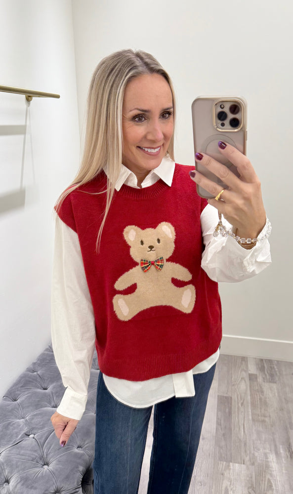 Teddy Bow Tie Sweater Vest Red