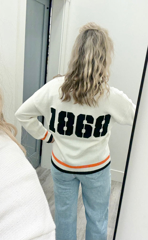 Varsity Knit Cardigan 1868 Ivory/Black/Orange
