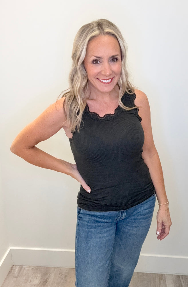 Lace Trim Ribbed Cami Garment Dyed - Hunter Green