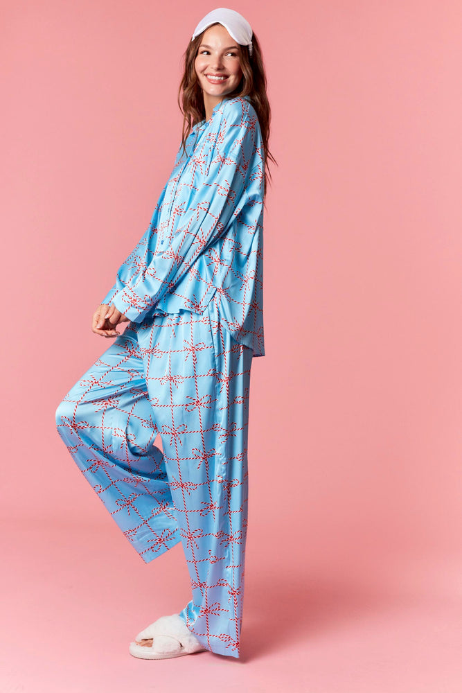 Christmas Bow Satin Pajama Set  Ice Blue