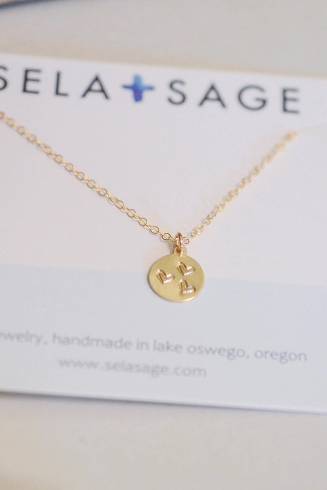 Matte Coin Triple Heart Necklace Gold Filled