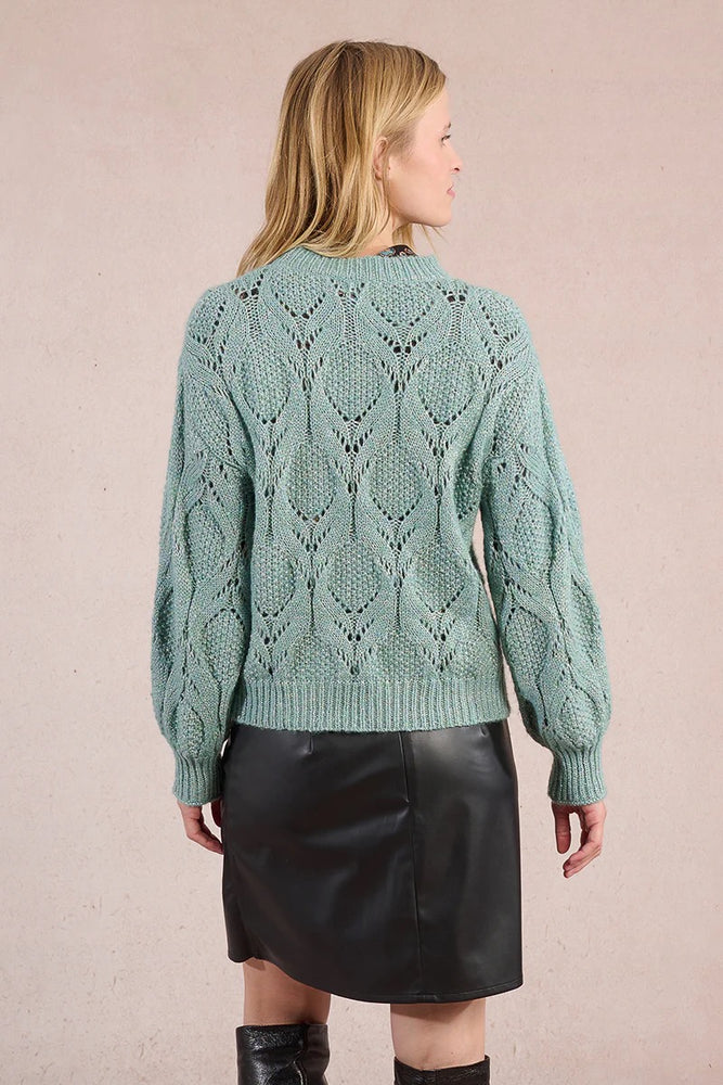 Patterned Openwork Knit Sweater Aqua Blue