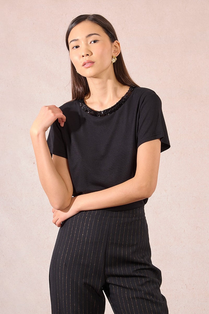 Sequin Neckline Tee Black