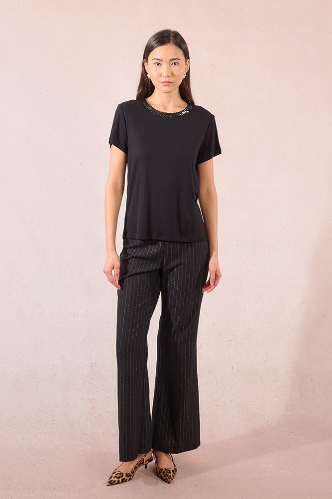 Sequin Neckline Tee Black