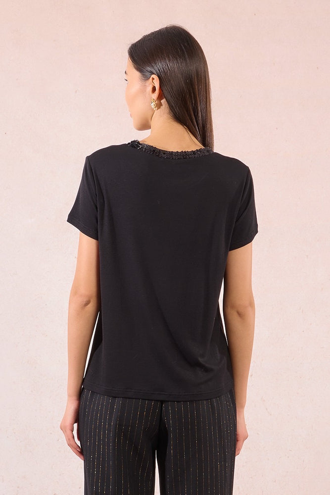 Sequin Neckline Tee Black