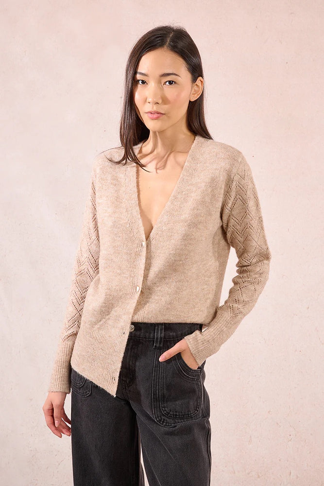 Openwork Fine Knit Cardigan Beige