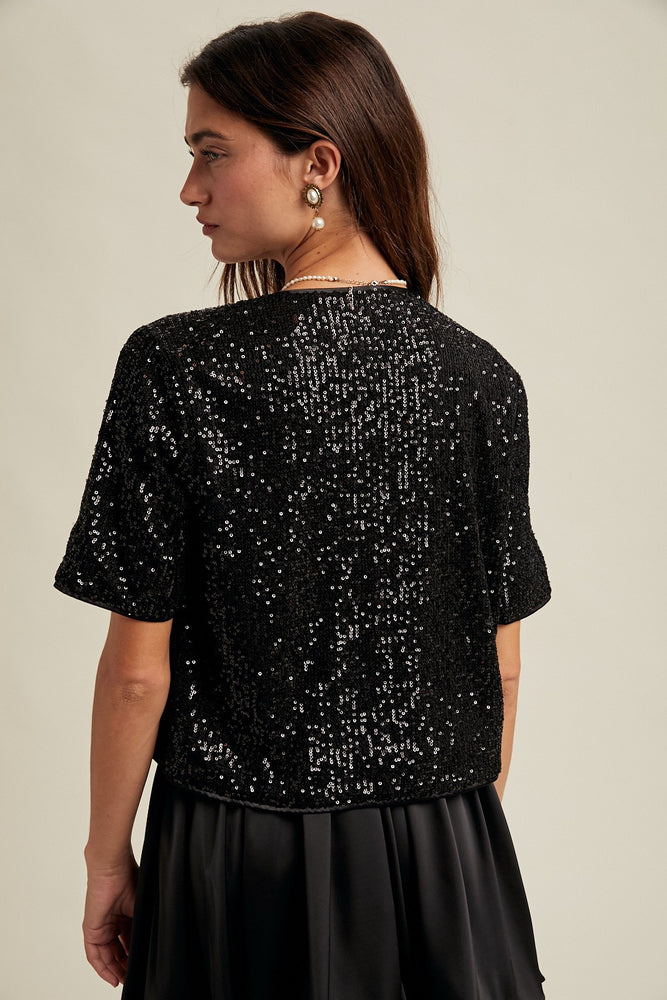 Bitsy Sequin Front Tie Top Black
