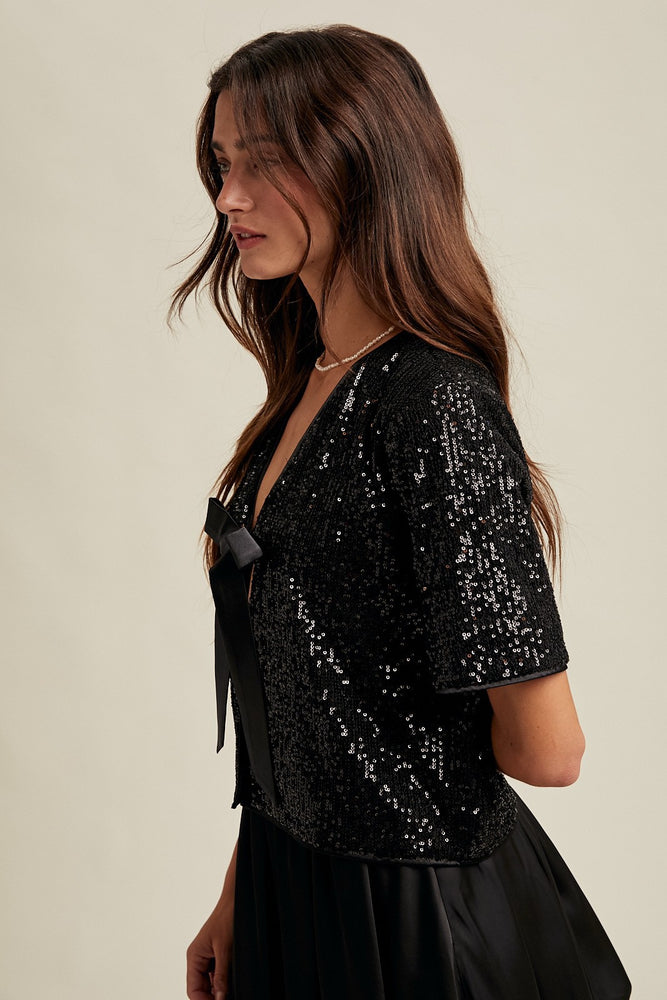 Bitsy Sequin Front Tie Top Black