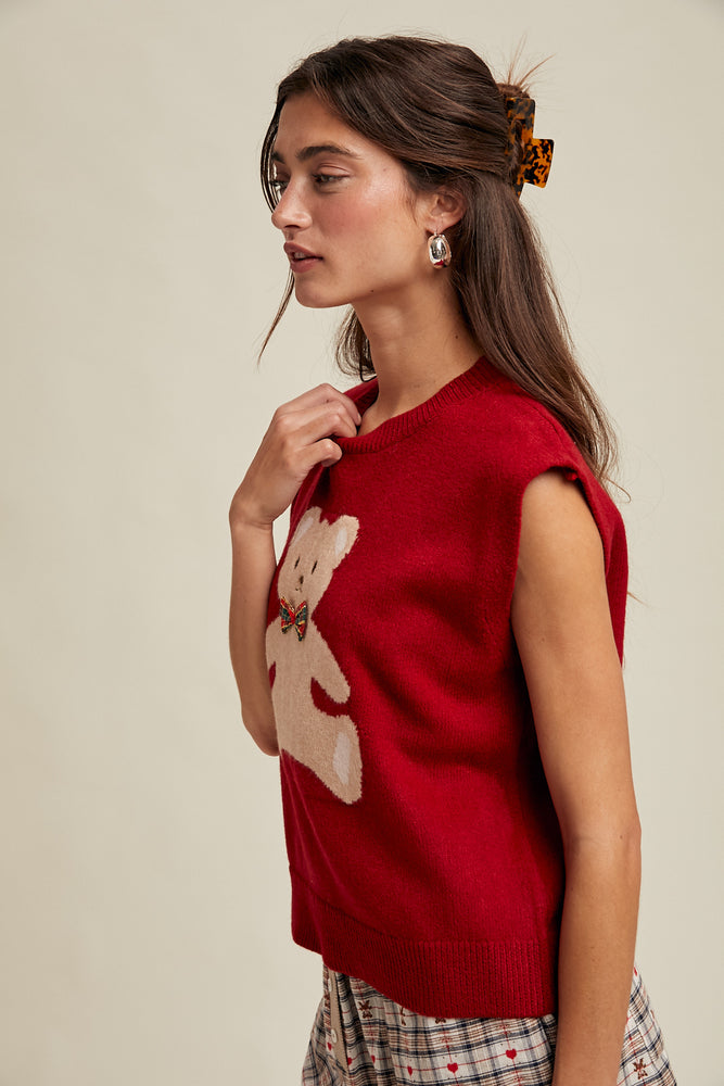 Teddy Bow Tie Sweater Vest Red