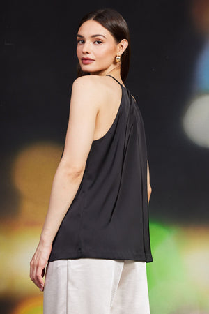 Pleat Front Halter Cami Black