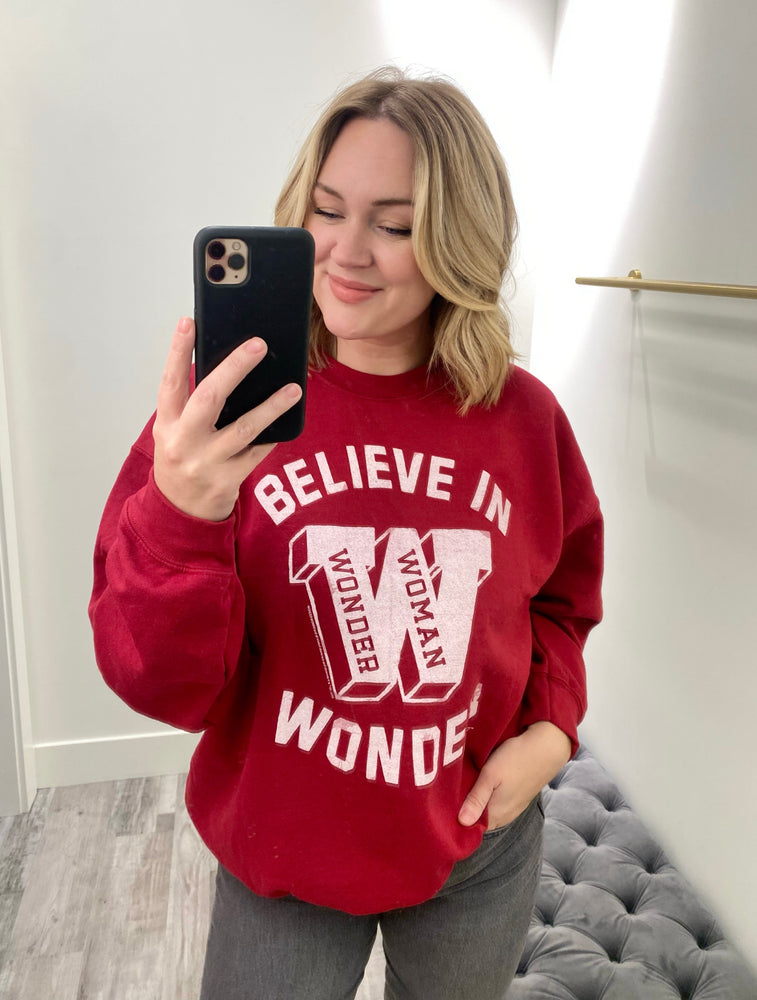 Believe in Wonder Woman Fleece Sweatshirt Cardinal – Mapel Boutique