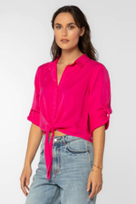 Solange Roll Tab Sleeve Top Hot Pink