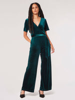 Angel Sleeve Velvet Wrap Jumpsuit Green