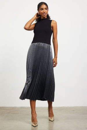 Mock Neck Pleat Skirt Dress Black