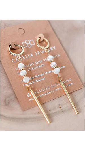 Cecelia Huggie Bar Drop Pearl Earrings