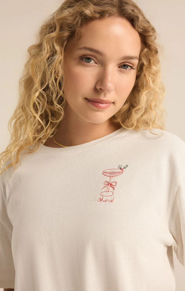 Holiday Cocktail Embroidered Tee Sea Salt