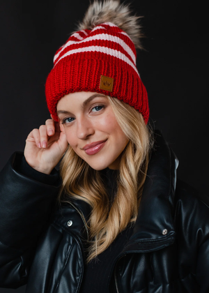 Cable Knit Pom Beanie - Pink/Red Polar Stripe