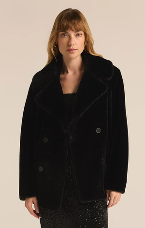 Gem Double Breasted Fur Coat Black