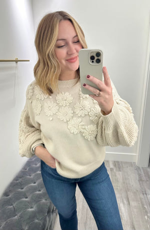 Elodie Sweater w/ Hand Embroidered Floral Detail Ivory-Mapel Boutique