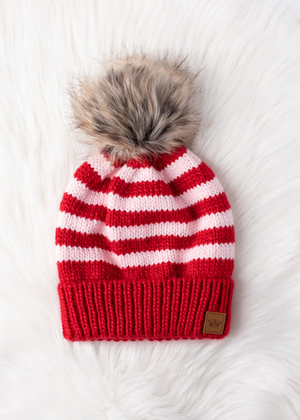 Cable Knit Pom Beanie - Pink/Red Polar Stripe