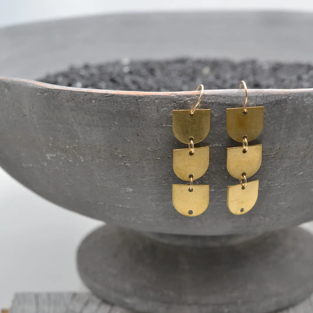 Triple Arch Drop Worn Brass Earrings